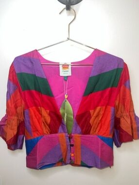 FARM Rio Vibrant Pink + Purple + Red Geometric Crop Blouse